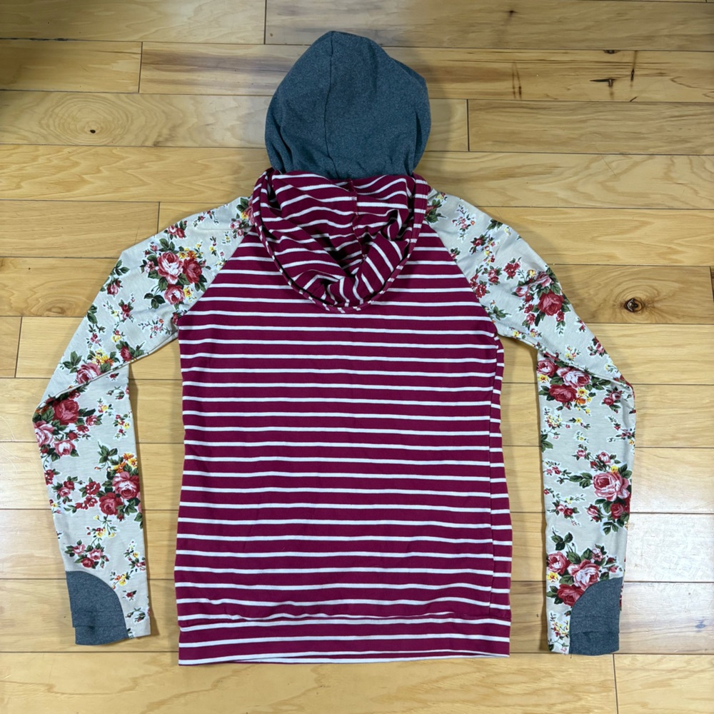 Ampersand Avenue Hoodie Womens Sz XS Striped Floral Pink Hooded Sweatshirt - Picture 6 of 7